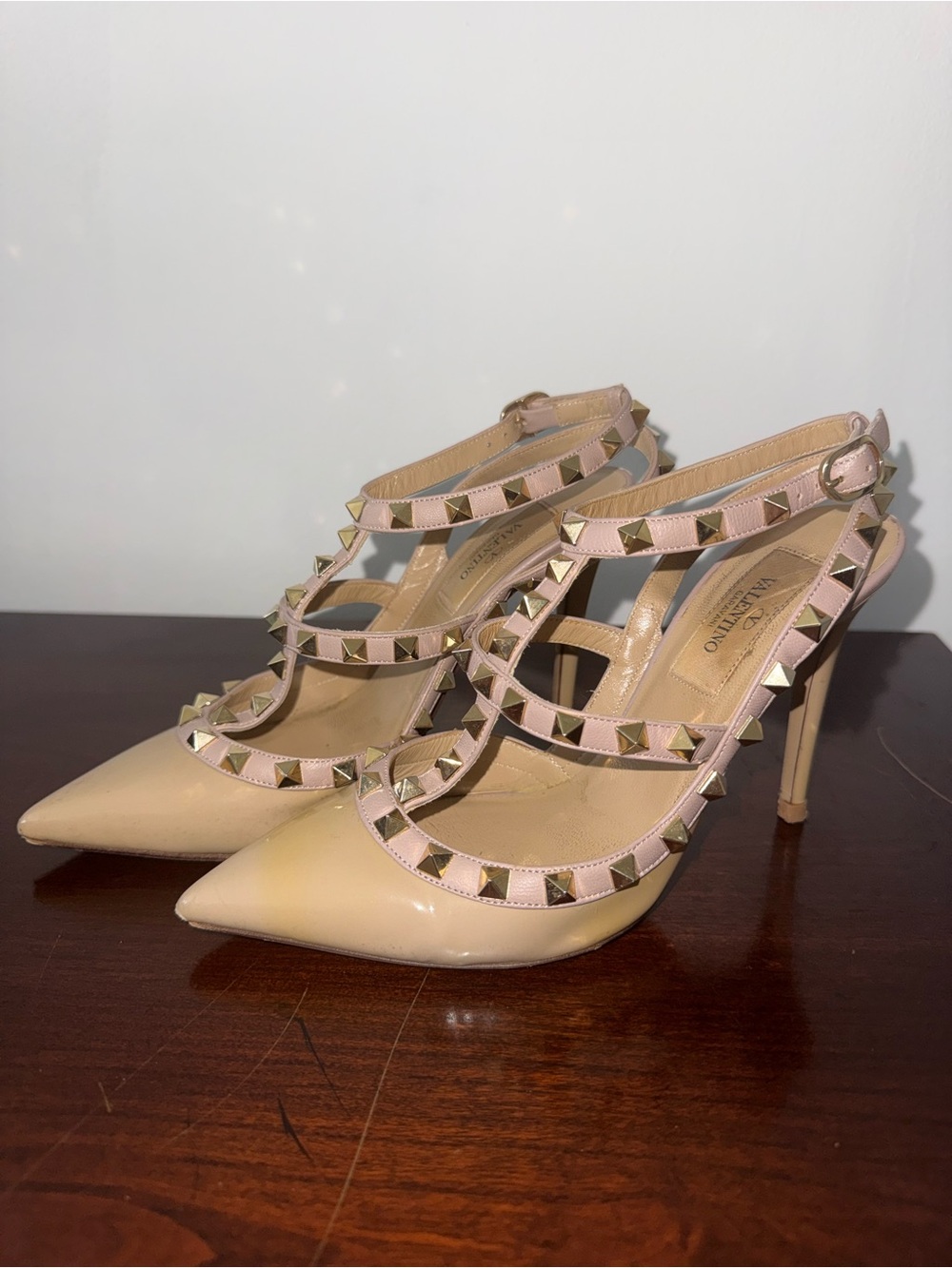Valentino Nude and Blush Rockstud Strappy Pointed-Toe Heels